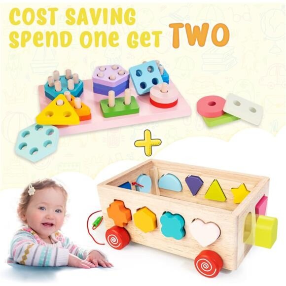 Shape Sorter Learning Toys for Toddlers Wooden Stacking Blocks Montessori Toys - Picture 2 of 7